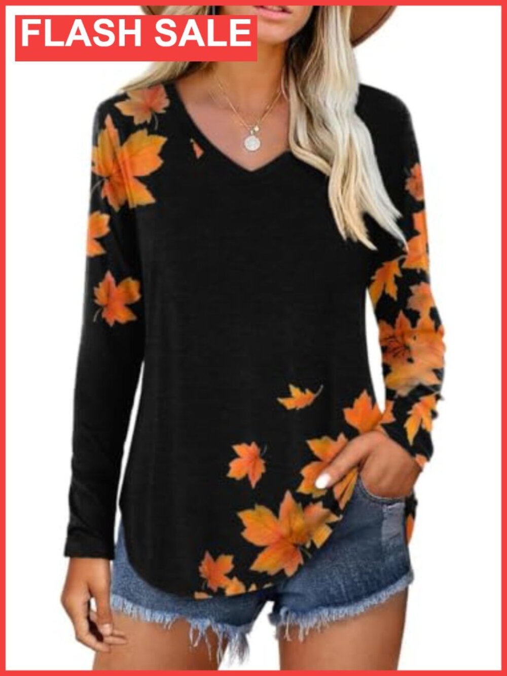 Women's Fall Graphic Long Sleeve V-Neck T-Shirt Cotton Blend Thanksgiving
